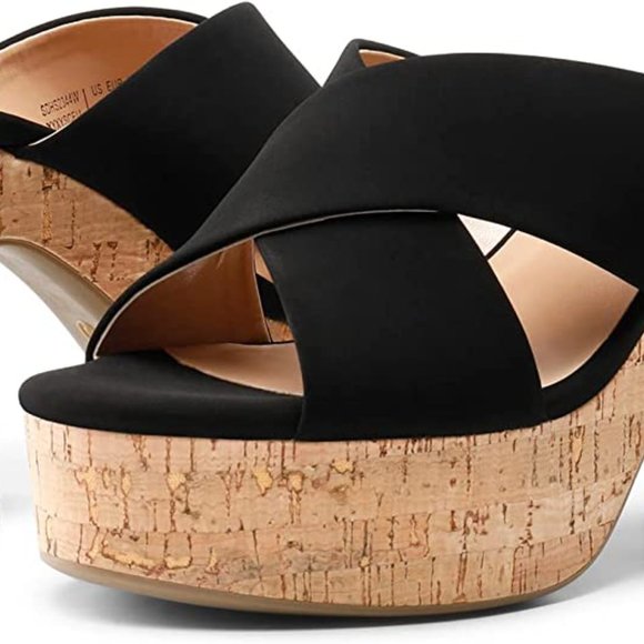 Black Open Toe Slip on Chunky Block Wedges Sandals Platform Heels - Picture 3 of 8